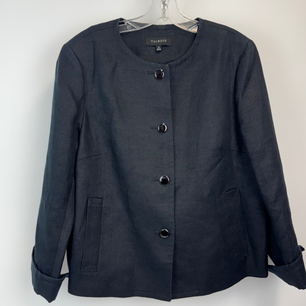 Talbots Womens Black 100% Linen Button Front Collarless Jacket Blazer Size 14